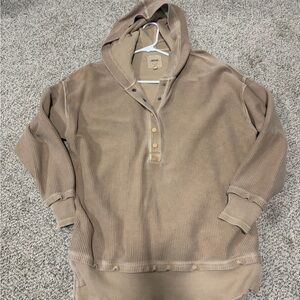 Aerie Brown Hooded Ribbed Henley Pullover